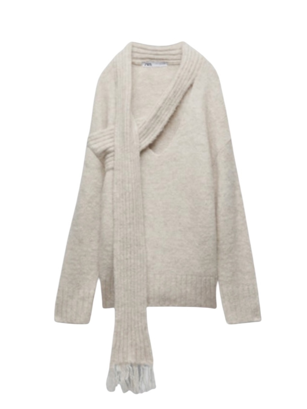 Zara Knit Sweater With Scarf Gray Marl NWT Size Large Wool Alpaca Beige Grey